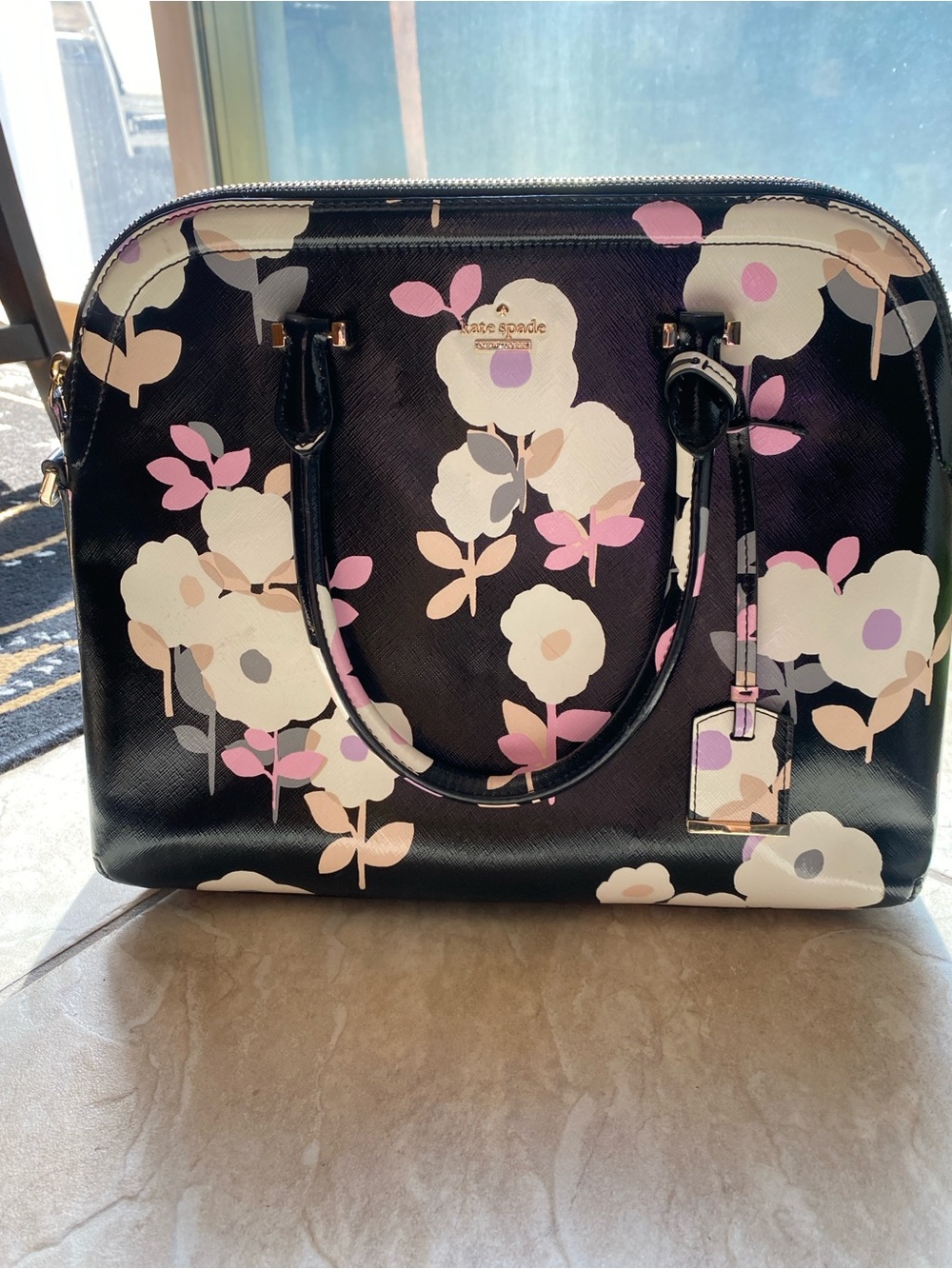 kate spade Black Floral Dome Satchel with Pink & Cream Blooms - Picture 1 of 9